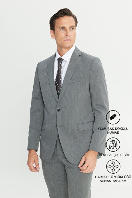 Slim Fit Dar Kesim Mono Yaka Gri Takım Elbise resmi