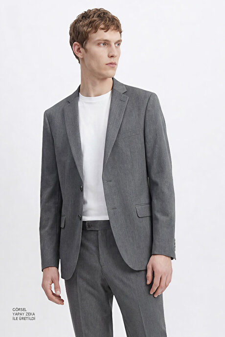 Slim Fit Dar Kesim Mono Yaka Gri Takım Elbise resmi