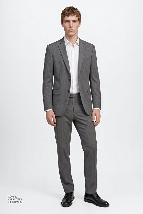 Slim Fit Dar Kesim Mono Yaka Gri Takım Elbise resmi