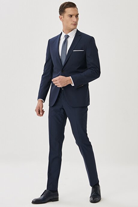 Slim Fit Dar Kesim Mono Yaka Lacivert Takım Elbise resmi