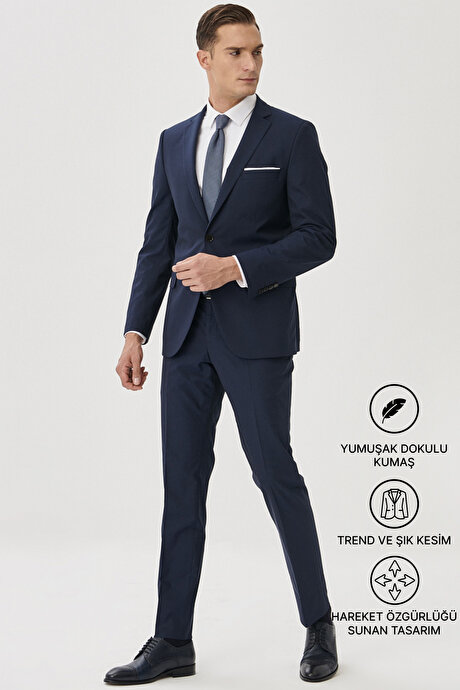 Slim Fit Dar Kesim Mono Yaka Lacivert Takım Elbise resmi