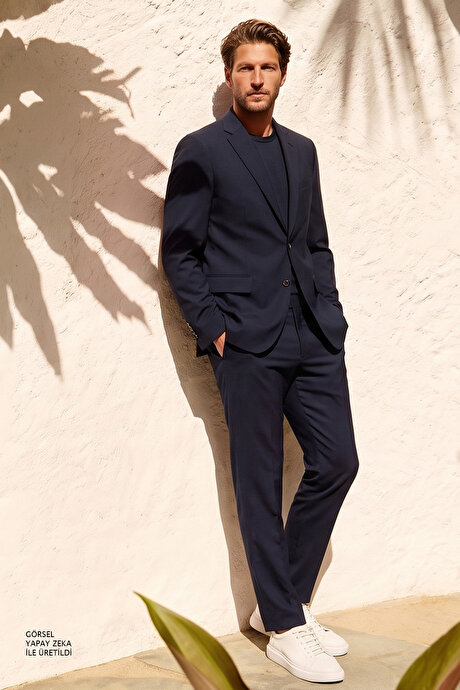 Slim Fit Dar Kesim Mono Yaka Lacivert Takım Elbise resmi