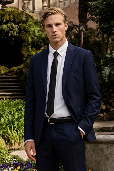 Slim Fit Dar Kesim Mono Yaka Lacivert Takım Elbise resmi