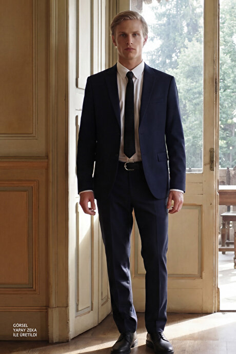 Slim Fit Dar Kesim Mono Yaka Lacivert Takım Elbise resmi