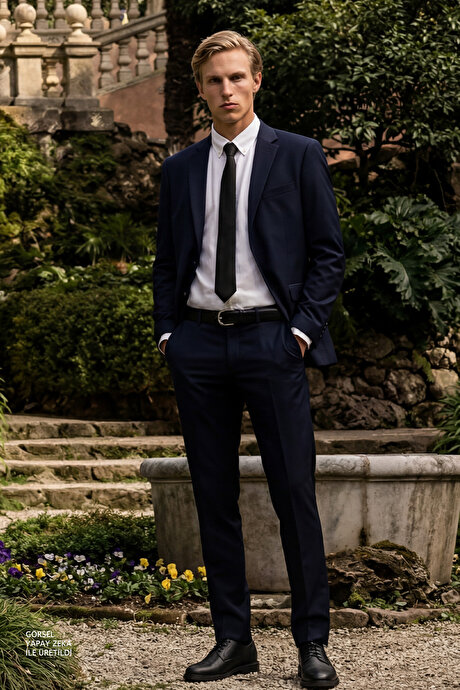 Slim Fit Dar Kesim Mono Yaka Lacivert Takım Elbise resmi