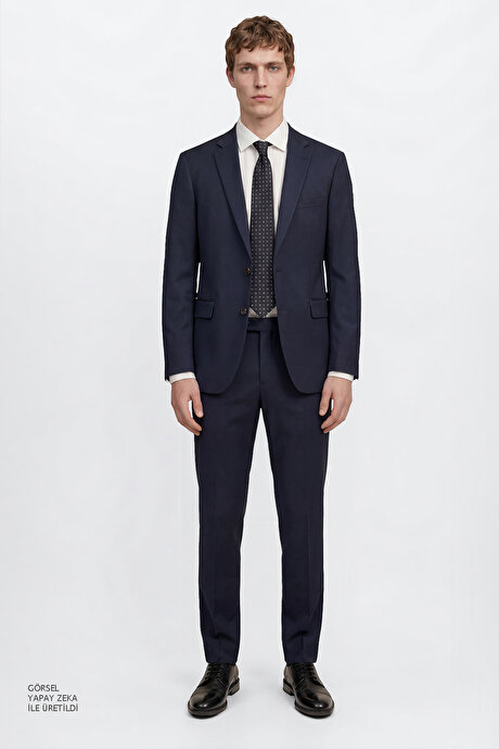 Slim Fit Dar Kesim Mono Yaka Lacivert Takım Elbise resmi