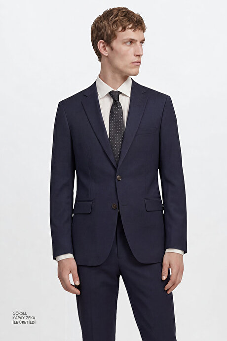 Slim Fit Dar Kesim Mono Yaka Lacivert Takım Elbise resmi