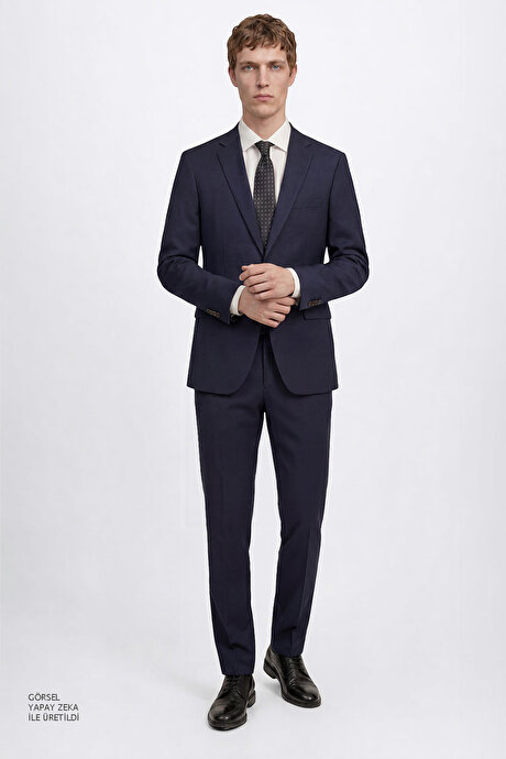 Slim Fit Dar Kesim Mono Yaka Lacivert Takım Elbise resmi