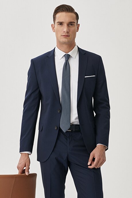 Slim Fit Dar Kesim Mono Yaka Lacivert Takım Elbise resmi