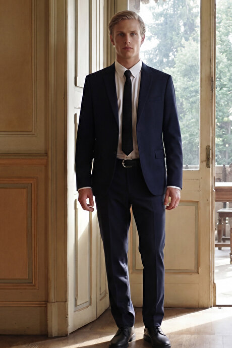 Slim Fit Dar Kesim Mono Yaka Lacivert Takım Elbise resmi