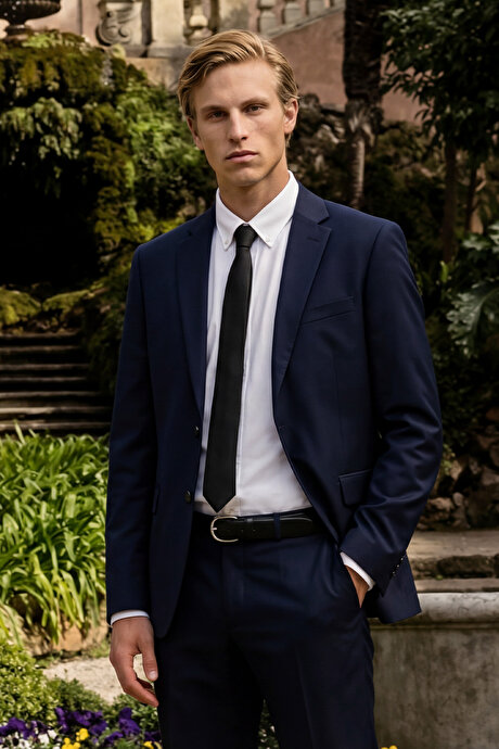 Slim Fit Dar Kesim Mono Yaka Lacivert Takım Elbise resmi