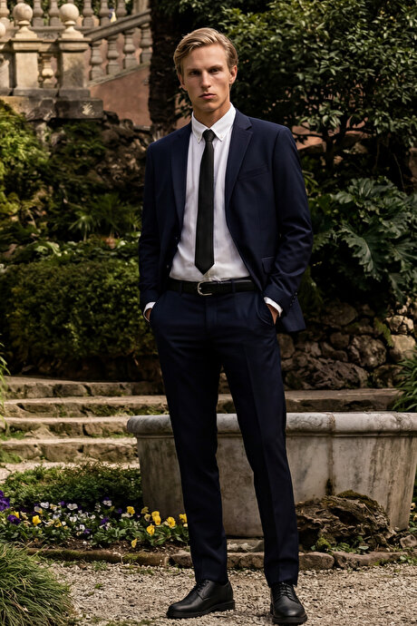 Slim Fit Dar Kesim Mono Yaka Lacivert Takım Elbise resmi