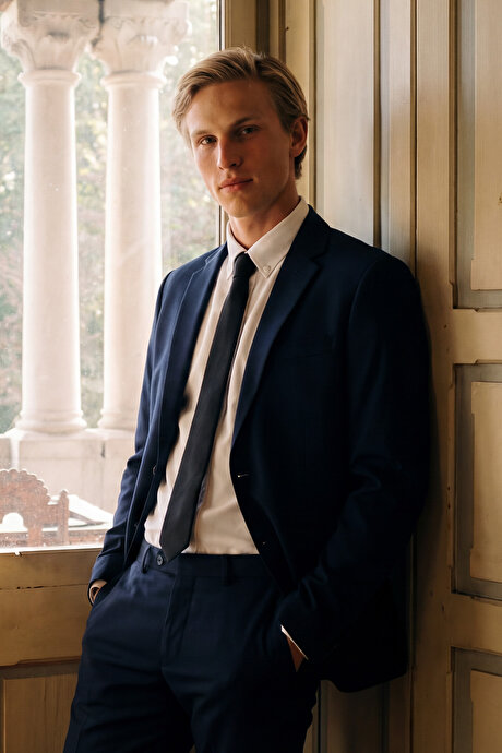 Slim Fit Dar Kesim Mono Yaka Lacivert Takım Elbise resmi