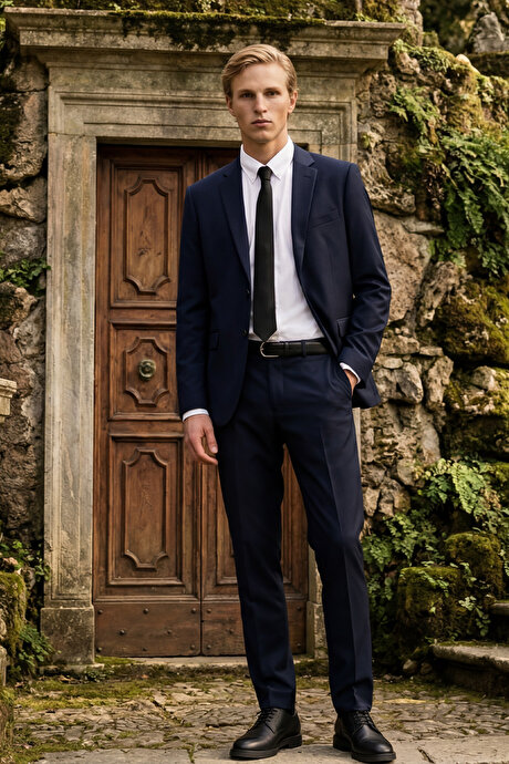 Slim Fit Dar Kesim Mono Yaka Lacivert Takım Elbise resmi