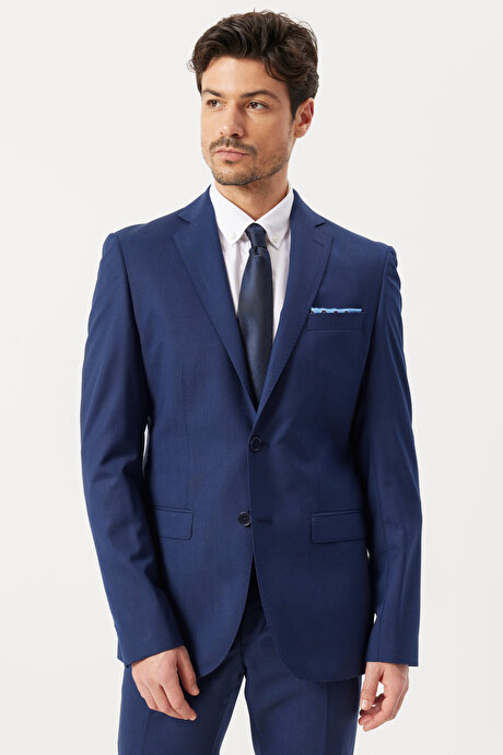 Slim Fit Dar Kesim Mono Yaka %100 Yün Lacivert Takım Elbise resmi