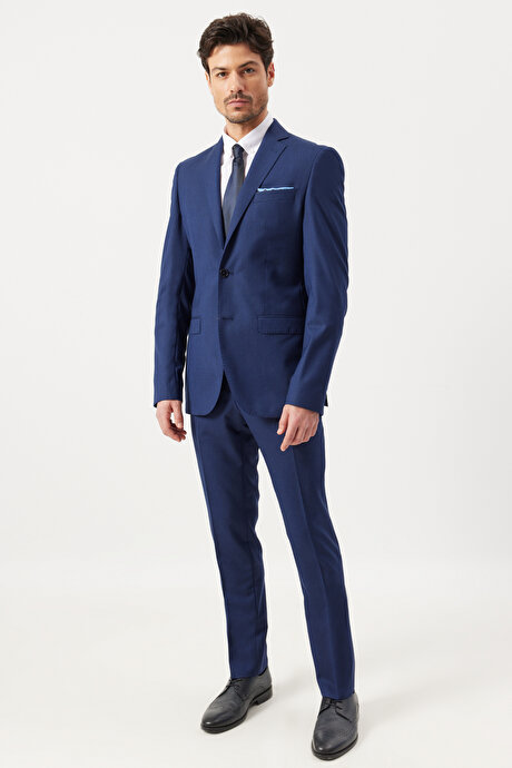 Slim Fit Dar Kesim Mono Yaka %100 Yün Lacivert Takım Elbise resmi