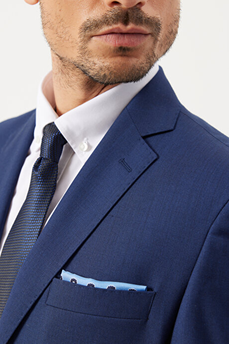 Slim Fit Dar Kesim Mono Yaka %100 Yün Lacivert Takım Elbise resmi