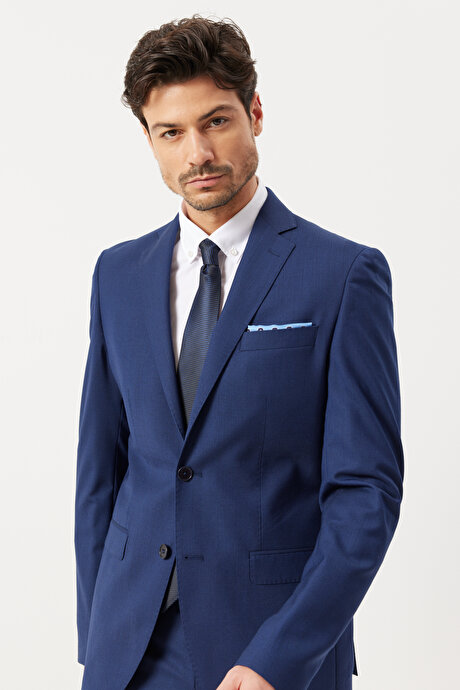 Slim Fit Dar Kesim Mono Yaka %100 Yün Lacivert Takım Elbise resmi