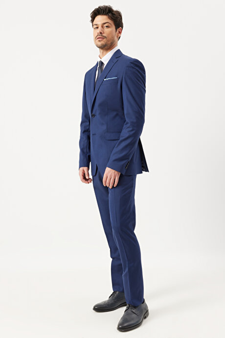 Slim Fit Dar Kesim Mono Yaka %100 Yün Lacivert Takım Elbise resmi