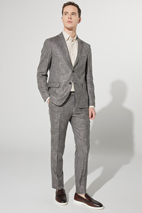 Slim Fit Dar Kesim Mono Yaka Desenli Kahverengi Takım Elbise resmi