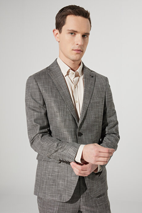 Slim Fit Dar Kesim Mono Yaka Desenli Kahverengi Takım Elbise resmi