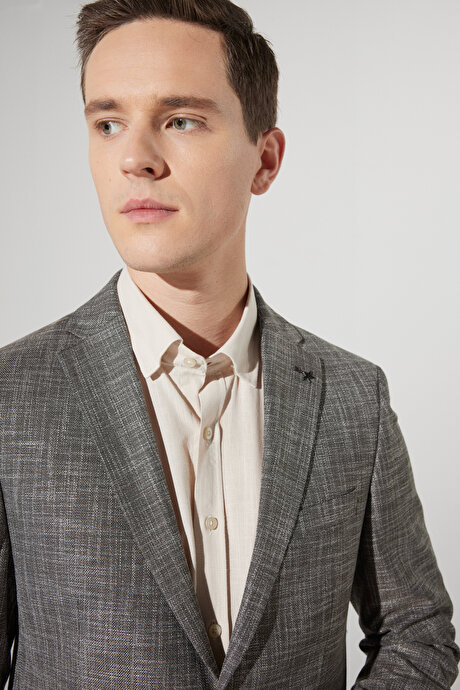 Slim Fit Dar Kesim Mono Yaka Desenli Kahverengi Takım Elbise resmi