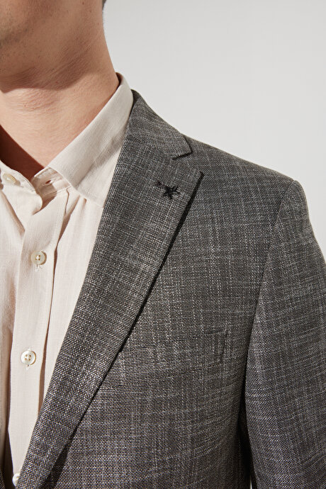 Slim Fit Dar Kesim Mono Yaka Desenli Kahverengi Takım Elbise resmi