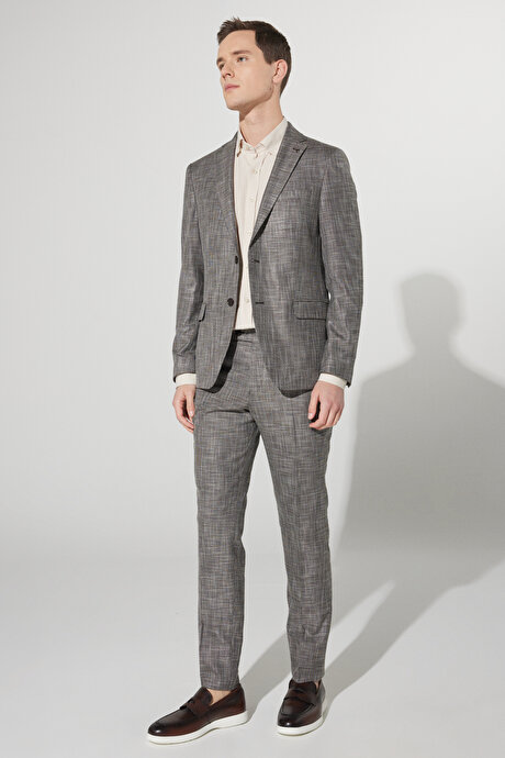 Slim Fit Dar Kesim Mono Yaka Desenli Kahverengi Takım Elbise resmi