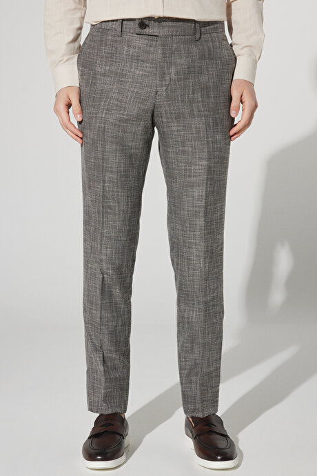 Slim Fit Dar Kesim Mono Yaka Desenli Kahverengi Takım Elbise resmi