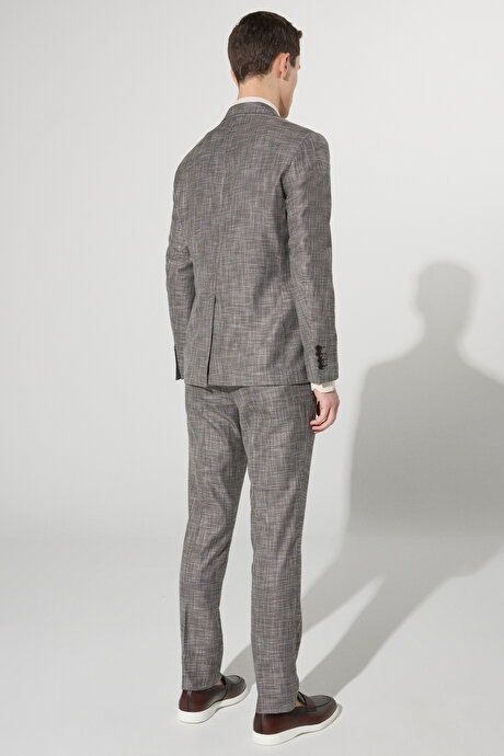 Slim Fit Dar Kesim Mono Yaka Desenli Kahverengi Takım Elbise resmi