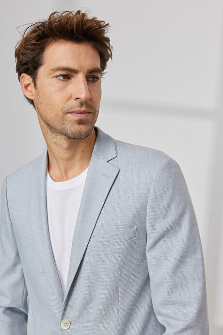 Slim Fit Dar Kesim Mono Yaka Desenli Açık Mavi Takım Elbise resmi