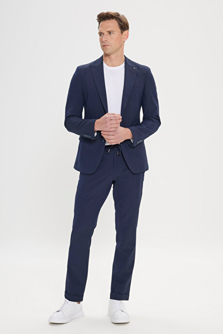 Slim Fit Dar Kesim Kırlangıç Yaka Desenli Lacivert Takım Elbise resmi