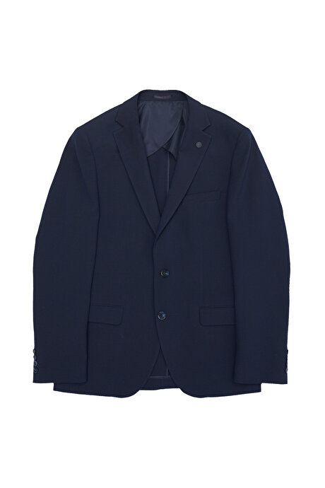 Slim Fit Dar Kesim Kırlangıç Yaka Desenli Lacivert Takım Elbise resmi