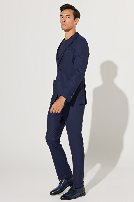 Slim Fit Dar Kesim Mono Yaka Armürlü Lacivert Takım Elbise resmi