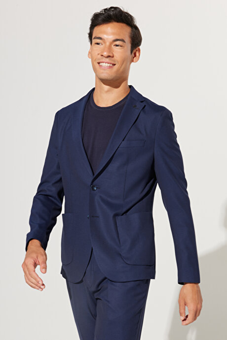 Slim Fit Dar Kesim Mono Yaka Armürlü Lacivert Takım Elbise resmi