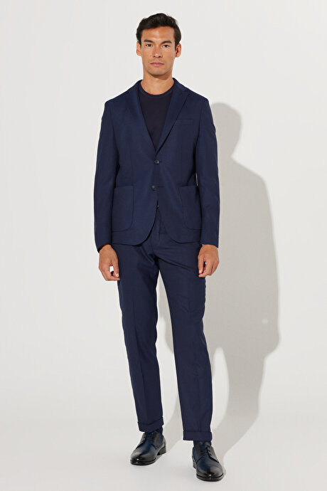 Slim Fit Dar Kesim Mono Yaka Armürlü Lacivert Takım Elbise resmi