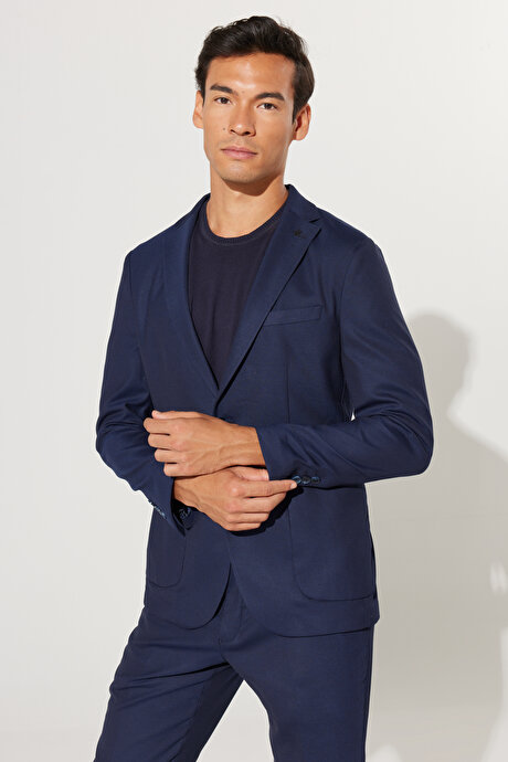 Slim Fit Dar Kesim Mono Yaka Armürlü Lacivert Takım Elbise resmi