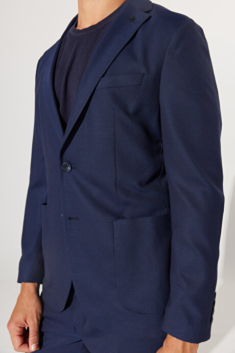 Slim Fit Dar Kesim Mono Yaka Armürlü Lacivert Takım Elbise resmi