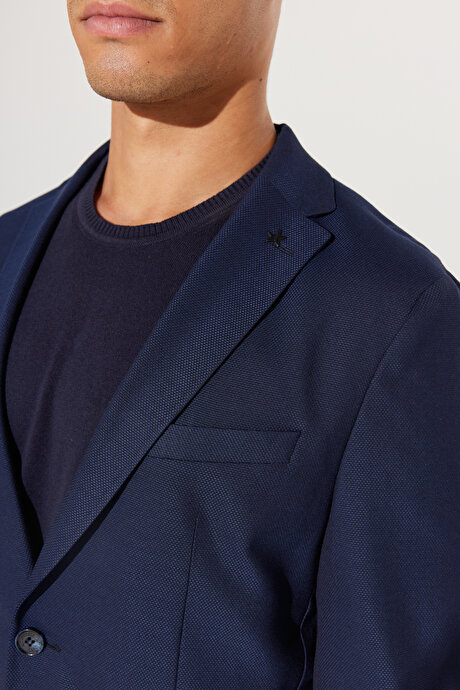 Slim Fit Dar Kesim Mono Yaka Armürlü Lacivert Takım Elbise resmi