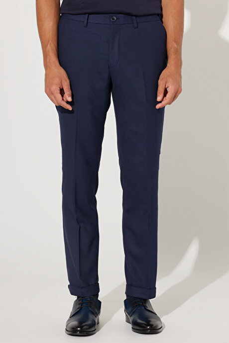 Slim Fit Dar Kesim Mono Yaka Armürlü Lacivert Takım Elbise resmi