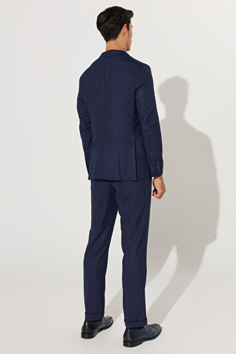 Slim Fit Dar Kesim Mono Yaka Armürlü Lacivert Takım Elbise resmi