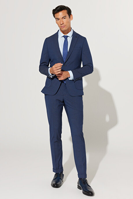 Ekstra Slim Fit Dar Kesim Mono Yaka Desenli Lacivert Takım Elbise resmi