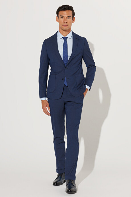 Ekstra Slim Fit Dar Kesim Mono Yaka Desenli Lacivert Takım Elbise resmi