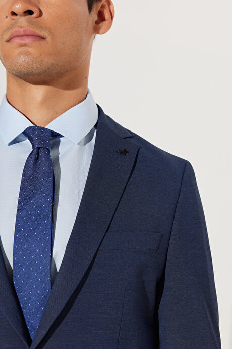 Ekstra Slim Fit Dar Kesim Mono Yaka Desenli Lacivert Takım Elbise resmi