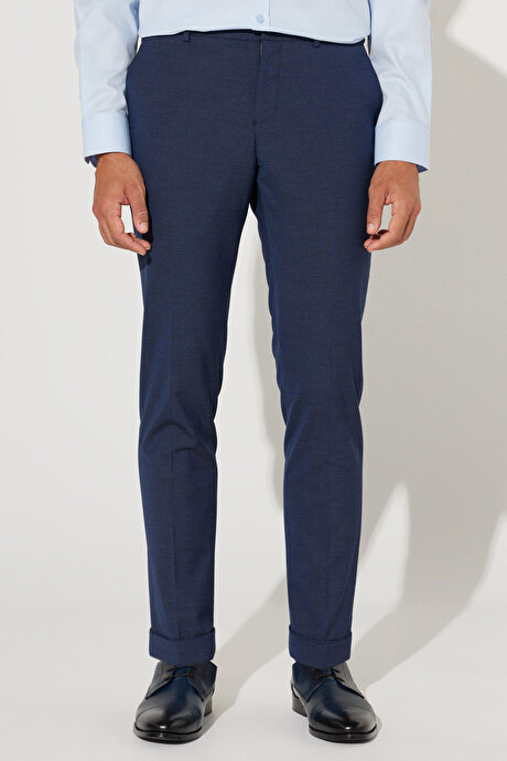 Ekstra Slim Fit Dar Kesim Mono Yaka Desenli Lacivert Takım Elbise resmi