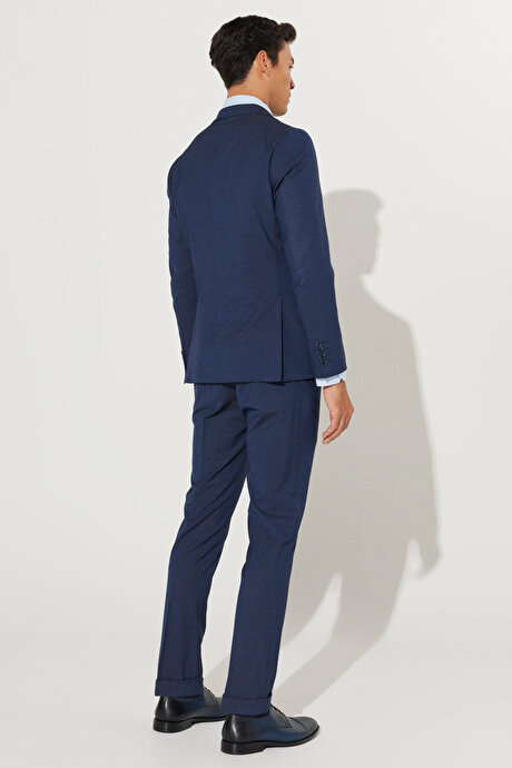 Ekstra Slim Fit Dar Kesim Mono Yaka Desenli Lacivert Takım Elbise resmi