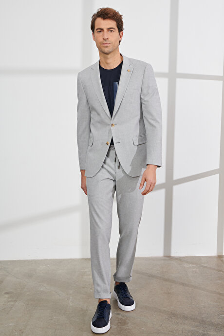 Slim Fit Dar Kesim Mono Yaka Gofre Desenli Gri Takım Elbise resmi