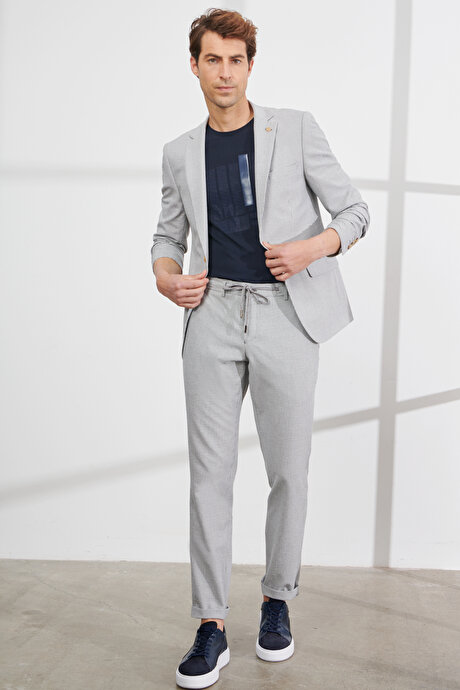 Slim Fit Dar Kesim Mono Yaka Gofre Desenli Gri Takım Elbise resmi