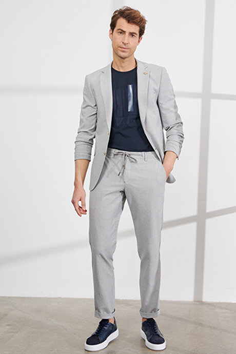 Slim Fit Dar Kesim Mono Yaka Gofre Desenli Gri Takım Elbise resmi