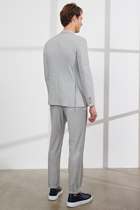 Slim Fit Dar Kesim Mono Yaka Gofre Desenli Gri Takım Elbise resmi